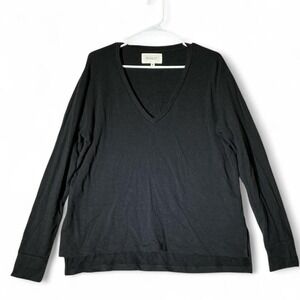 Wheat Women Black Modal Cotton Soft Goth V-Neck Long Sleeve Top High Low Hem M